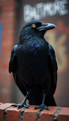 A striking black raven stands on a weathered brick wall, showcasing its glossy feathers and keen eyes. The urban background hints at a lively city atmosphere, possibly Baltimore
