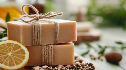 Organic soap bars with natural textures and earthy colors, ideal for eco-conscious skincare and a sustainable self-care routine.