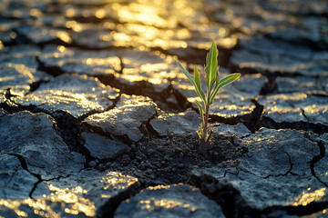 small plant sprouting through dry cracked earth under morning sun