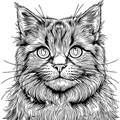 Black and White Illustration of Fluffy Cat Face – Hand-Drawn Line Art of Long-Haired Feline for Pet Lovers and Animal Design Projects