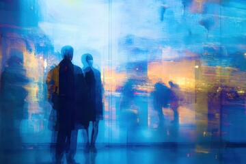 A painting of people walking in a city with a blue sky background