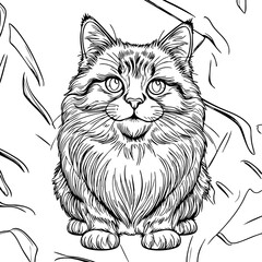 Black and White Illustration of Fluffy Seated Cat – Cute Line Art Drawing of Long-Haired Kitten for Animal Lovers and Decorative Pet Designs