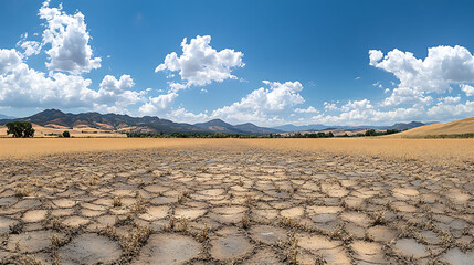 Fototapeta premium panoramic view of drought-affected farmland with wilted plants