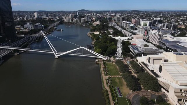 The Neville Bonner Bridge connecting Brisbane City to the popular tourist location South Bank on the Brisbane River. Aerial view.