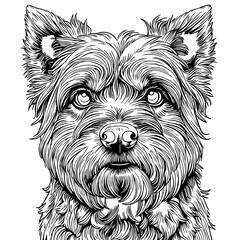 Black and White Illustration of Fluffy Terrier Dog Face – Hand-Drawn Line Art of Adorable Pet Portrait for Dog Lovers and Animal-Themed Decor