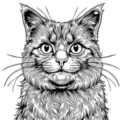 Black and White Illustration of Fluffy Cat Face – Hand-Drawn Line Art of Wide-Eyed Kitten for Pet Lovers, Animal Decor, and Digital Design