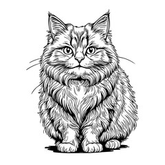 Black and White Illustration of Sitting Fluffy Cat – Hand-Drawn Full-Body Line Art of Long-Haired Kitten for Pet Lovers and Animal Decor