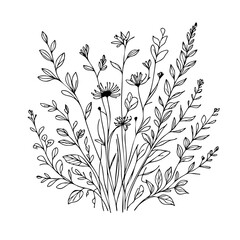 Black and White Botanical Wildflower Bouquet Illustration &ndash; Hand-Drawn Minimal Line Art of Garden Flowers and Leaves for Decor and Design Projects
