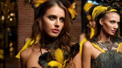 Elegant women in yellow and black feathered couture gowns, lined up for a vintage cabaret stage show or a formal gala event portrait - Powered by Adobe