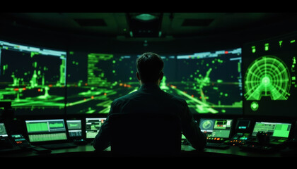 A focused operator sits in a dark control room, surrounded by multiple screens displaying green data and radar information during an urgent operation late at night