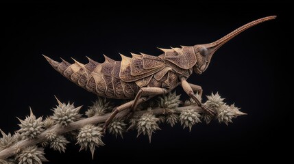 Detailed armored grasshopper resting on thorny branch against black background