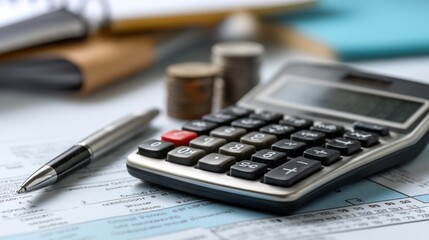 Financial Calculator on Paper with Coins and Pen for Budget Planning