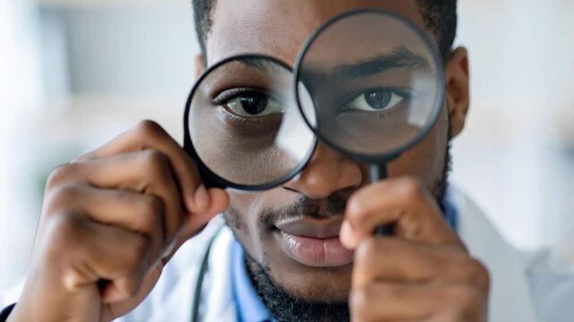 Medical training simulation with healthcare professional using magnifying glass for close up face examination and detailed skill enhancement