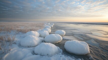 Winter wonderland landscape with frosted ground formations.