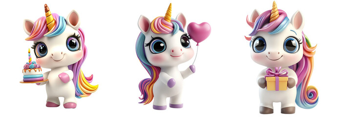 3d cartoon cute birthday unicorns on transparent background.