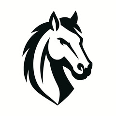 Horse head logo, white background, monochrome black, flat vector illustration, illustrator style