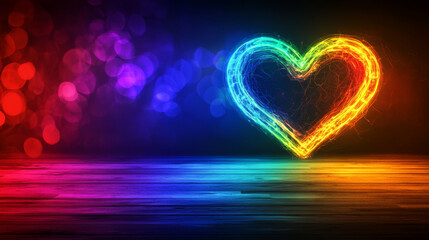 Glowing rainbow heart created with colorful light trails on a reflective wooden floor in a dark room with vibrant lighting effects

