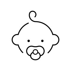 Baby line icon. Simple outline style. Infant face with pacifier and small curl. Ideal for childcare, newborn products, and parenting apps symbol. Universal sign of early childhood pictogram.
