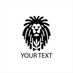 Black Tribal Lion Head Logo with Dreadlocks and Palm Leaves Isolated on White Background