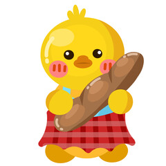 illustration of an adorable yellow duck character with a long bread in his arms