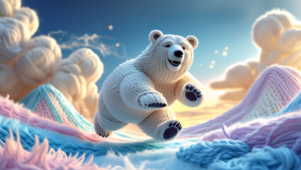 Whimsical knitted polar bear with intricate details in serene pastel glacier setting with glowing sky