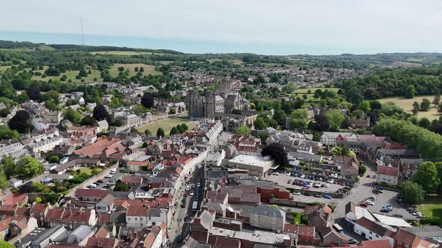 Wells, town centre Somerset UK houses and streets drone,aerial