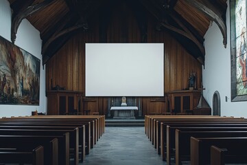 A large empty church with a large screen in the middle
