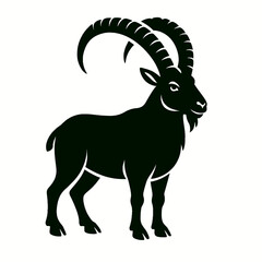 Ibex full body, white background, monochrome black, flat vector illustration, illustrator style