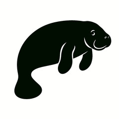 Manatee full body, white background, monochrome black, flat vector illustration, illustrator style