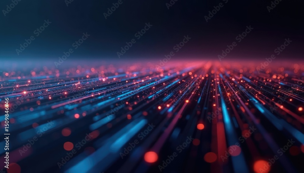 Poster abstract digital background with glowing blue and red lines creating a sense of depth and movement. 