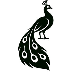 Peacock full body, white background, monochrome black, flat vector illustration, illustrator style