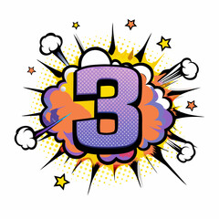 Colorful comic book style explosion with number three concept, vector image 