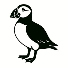 Puffin full body, white background, monochrome black, flat vector illustration, illustrator style