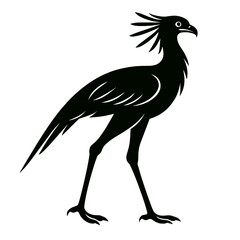Secretary bird full body, white background, monochrome black, flat vector illustration, illustrator style
