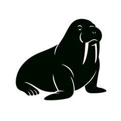 Walrus full body, white background, monochrome black, flat vector illustration, illustrator style