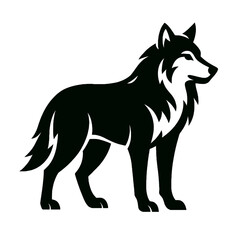 Wolf full body, white background, monochrome black, flat vector illustration, illustrator style