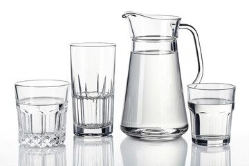 Elegant Glass Pitcher and Three Unique Drinking Glasses on a Reflective Surface, Highlighting Transparency and Design