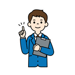 片手に資料を持つ、スーツを着た若いビジネスマンのベクターイラスト素材＿線幅の編集可能