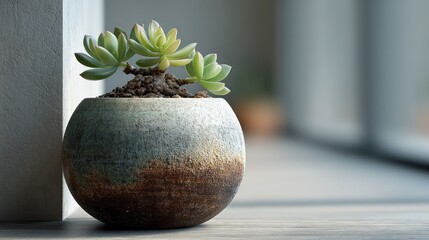 Delicate Echeveria Elegans Succulent in Rustic Ceramic Pot Against Soft Background