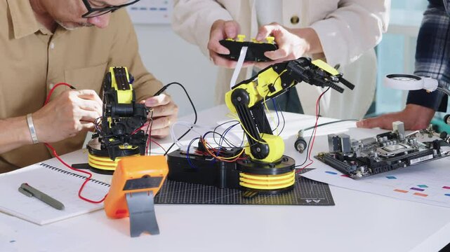 asian Robot arm engineers brainstorming in workshop to develop control technology with teamwork and coding innovation