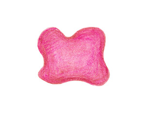 Spot of rounded shape with four convex parts. Isolated on white background. Drawing with colored pencils. Different shades of pink, red. Gradient from dark to light, from contour to the center of spot