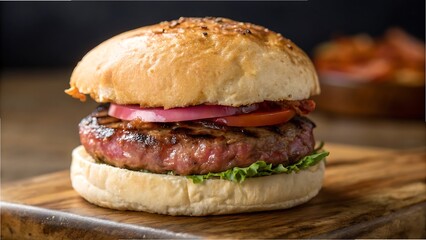 Delicious gourmet burger with grilled patty fresh toppings and sesame seed bun
