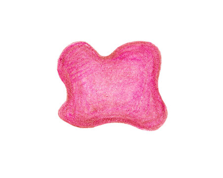 Spot of rounded shape with four convex parts. Isolated on white background. Drawing with colored pencils. Different shades of pink, red. Gradient from dark to light, from contour to the center of spot