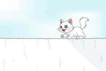 A fluffy white cat is walking on a white wall with slight cracks, a pale blue sky on a sunny day. Cartoon vector illustration.