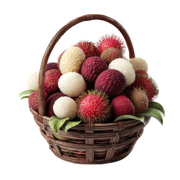 A wicker basket overflowing with ripe lychees rambutans and pulasan A delightful mix of exotic fruits