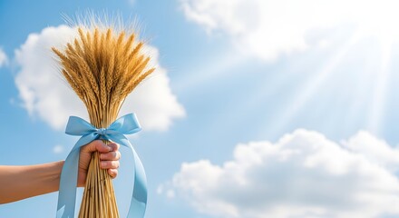 A hand holds a beautiful bouquet of golden wheat stalks tied with a light blue ribbon against a bright sunny sky with fluffy clouds, symbolizing harvest and nature.