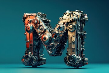 Fototapeta premium The letter M is made up of various mechanical parts, giving it a futuristic