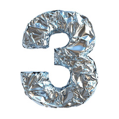 Top view of a 3D number 3 made of aluminum foil isolated on a white transparent background