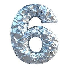 Top view of a 3D number 6 made of aluminum foil isolated on a white transparent background
