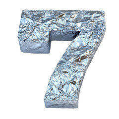 Top view of a 3D number 7 made of aluminum foil isolated on a white transparent background